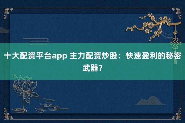 十大配资平台app 主力配资炒股：快速盈利的秘密武器？